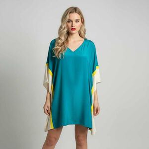 JAYGODFREY Colorblock Teal Drape Kimono Poncho Mini Dress 100% Silk Size 2